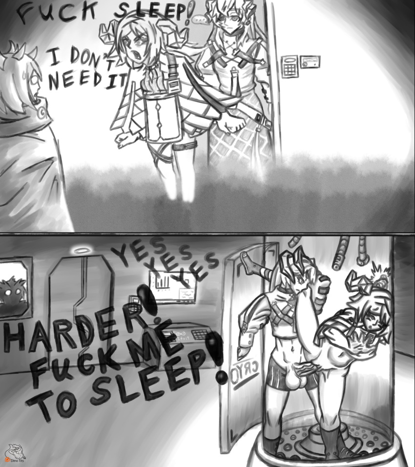 1futa 2girls 2koma arknights balls bottomless clothed clothed_sex clothing comic dialogue dinotits english english_text female futa_on_female futanari human ifrit_(arknights) instant_loss instant_loss_2koma laboratory laboratory_tank monochrome partially_clothed penis saria_(arknights) sex silence_(arknights) splits squatting tagme text vaginal_penetration vertical_splits