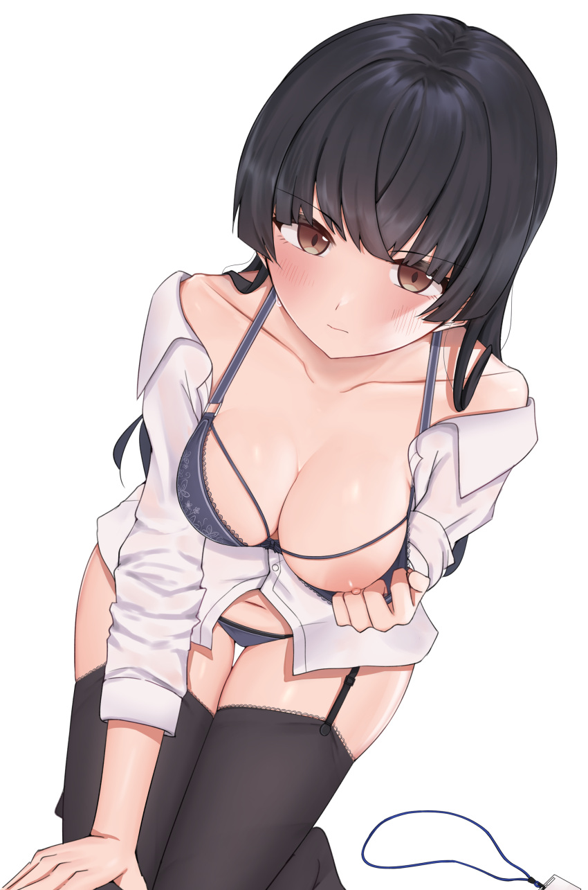 absurdres all_fours bare_shoulders black_hair black_legwear blue_bra blue_panties blush bow bow_bra bra bra_pull breasts brown_eyes cleavage closed_mouth clothes_pull collarbone dress_shirt eyebrows_visible_through_hair female floral_print garter_straps hanging_breasts highres id_card idolmaster idolmaster_shiny_colors lace lace-trimmed_bra lace-trimmed_legwear lace_trim long_hair long_sleeves looking_at_viewer mayuzumi_fuyuko medium_breasts moriyama_a navel nipples one_breast_out panties partially_unbuttoned shirt simple_background solo thigh_gap thighhighs thighs underwear white_background white_shirt