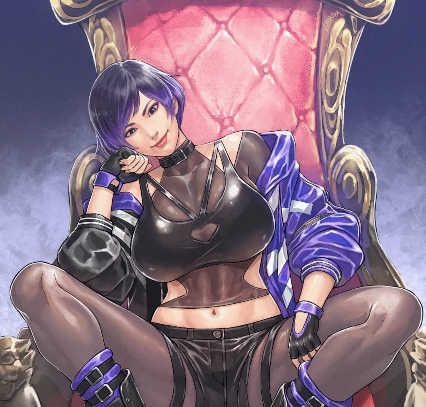 alternate_breast_size chair choker cirenk collar commission commission_art female_focus female_only jacket large_breasts midriff namco purple_eyes purple_hair purple_jacket reina_mishima short_hair sitting smiling smug smug_face spread_legs tekken tekken_8 throne tomboy