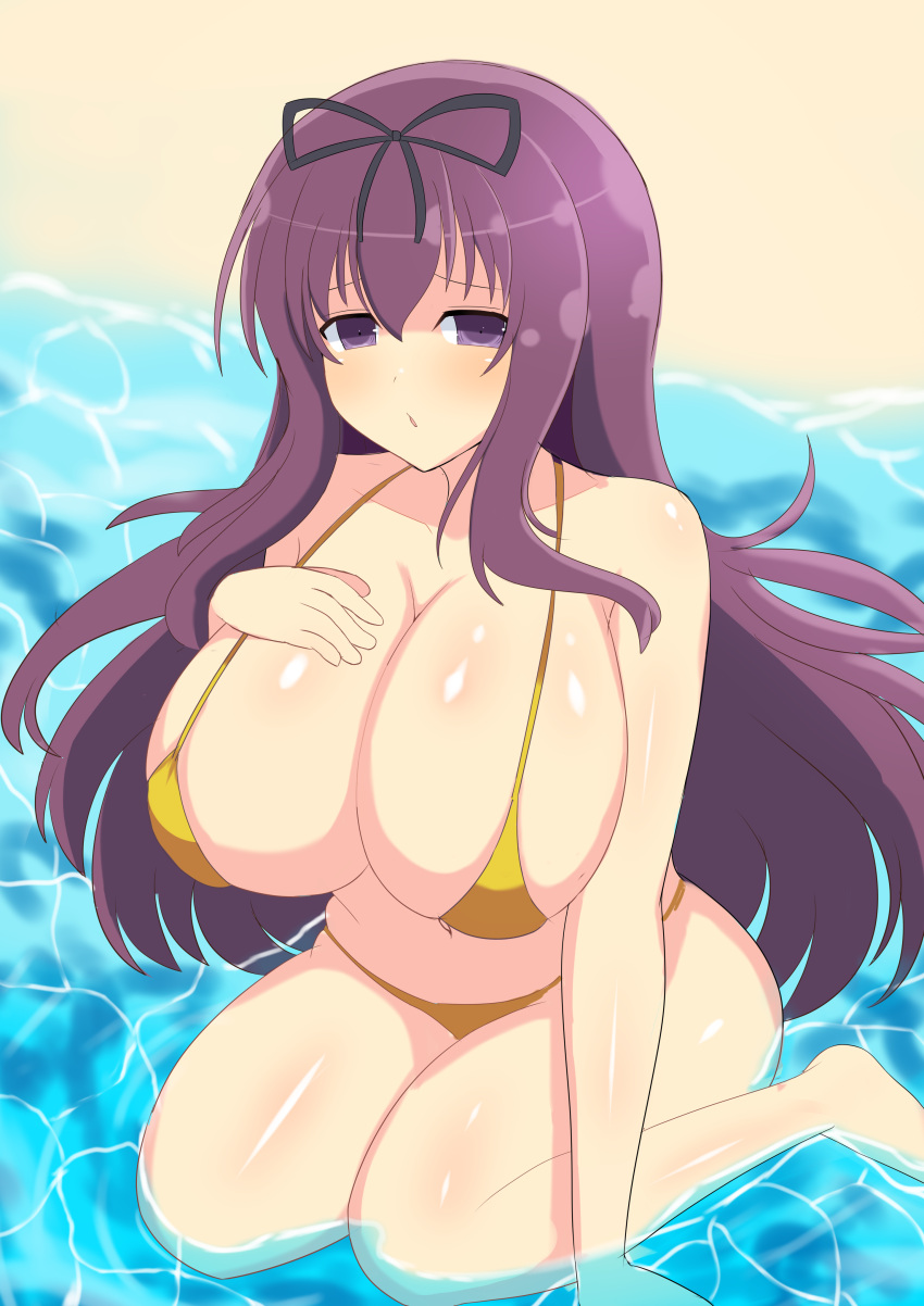 absurdres beach bikini black_ribbon breasts cleavage female hair_ribbon hand_on_own_chest highres huge_breasts long_hair looking_at_viewer murasaki_(senran_kagura) ninimu-home partially_submerged purple_eyes purple_hair ribbon senran_kagura shiny_skin sitting solo swimsuit very_long_hair wariza yellow_bikini