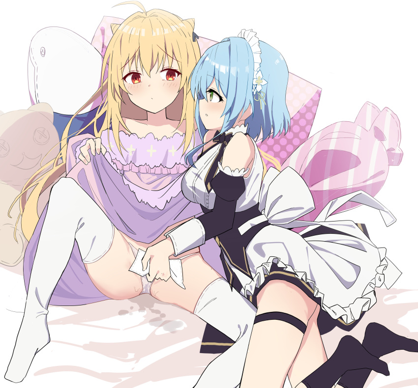 2girls absurdres black_sleeves black_socks black_vest blonde_hair blue_hair blush closed_mouth clothes_lift commentary cone_hair_bun detached_sleeves dress dress_lift embarrassed green_eyes hair_bun highres hikikomari_kyuuketsuki_no_monmon maid maid_headdress multiple_girls on_bed panties parted_lips purple_dress pussy_juice pussy_juice_stain red_eyes short_hair_with_long_locks socks soha_(sirohase) spread_legs stuffed_animal stuffed_toy stuffed_whale teddy_bear terakomari_gandezblood thigh_strap thighhighs underwear vest villhaze white_dress white_panties white_thighhighs wiping_pussy yuri