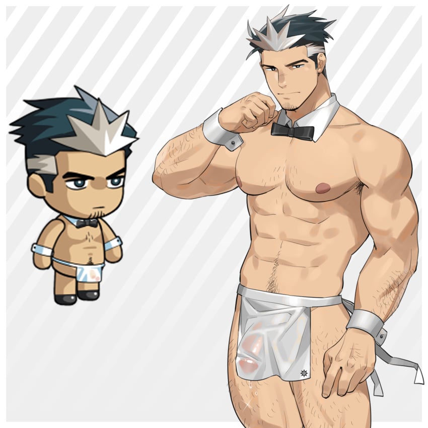 1boy abs absurdres apron armpit_hair armpit_hair_peek bara black_bow black_bowtie bow bowtie bulge chibi covered_penis cowboy_shot da_thach_(kienbiu) detached_collar ero_condo hairy hand_up highres kienbiu large_pectorals male_focus multicolored_hair muscular muscular_male naked_apron navel nipples official_alternate_costume paid_reward_available pectorals see-through short_hair simple_background solo sparse_arm_hair sparse_chest_hair sparse_leg_hair sparse_navel_hair standing stomach streaked_hair thick_thighs thighs waist_apron waiter wet_apron wrist_cuffs