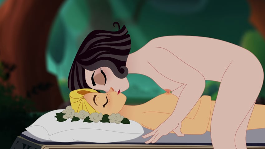 2girls black_hair blonde_hair cassandra_(tangled) closed_eyes disney disney_channel disney_princess female kissing mehefin013 multiple_girls nude parody rapunzel short_hair snow_white_and_the_seven_dwarfs tangled tangled:_the_series yuri