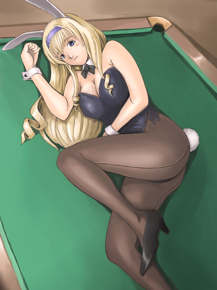 1girls animal_ears ass big_ass big_breasts blonde_hair blue_eyes bow bowtie breasts bunny_ears bunny_girl bunny_tail bunnysuit busty cecilia_alcott cleavage detached_collar fake_animal_ears hairband heels hi_res high_heels hirayama_tooya infinite_stratos large_breasts leotard long_hair lying on_side pantyhose pool_table rabbit_ears rabbit_tail solo table tail very_long_hair wrist_cuffs