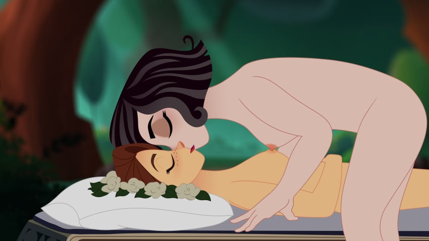 2girls black_hair brown_hair cassandra_(tangled) closed_eyes disney disney_channel disney_princess female kissing mehefin013 multiple_girls nude parody rapunzel short_hair snow_white_and_the_seven_dwarfs tangled tangled:_the_series yuri