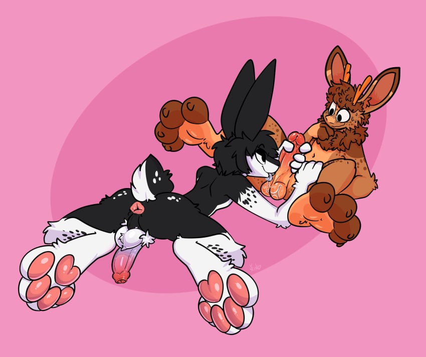 absurd_res anthro antlers anus ass ball_lick balls bedroom_eyes black_body black_fur black_hair brown_body brown_fur brown_hair cheek_tuft duo erection facial_tuft foreskin fur genitals hair half-closed_eyes handjob hi_res horn humanoid_genitalia humanoid_penis jackalope lagomorph leporid licking lying male male/male mammal multicolored_body multicolored_fur narrowed_eyes neck_tuft nervous nervous_expression nervous_smile on_back on_front oral pawpads paws penile penis penis_lick perineum pink_background pink_pawpads pubes rabbit seductive sex simple_background smile smirk smug smug_face spread_legs spreading tongue tongue_out tuft two_tone_body two_tone_fur uncircumcised white_body white_fur wide_eyed xing1