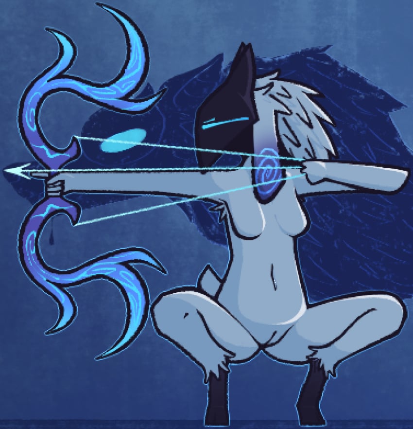 anthro arrow_(weapon) bovid bow_(weapon) breasts canid canine canis caprine casual_nudity cel_shading crouching digital_media_(artwork) duo featureless_breasts female fur genitals hair holding_object holding_weapon hooves kindred lamb_(league_of_legends) league_of_legends male mammal mask navel nude pussy ranged_weapon riot_games shaded sheep solo solo_focus tail weapon wendigoop white_body white_fur wolf