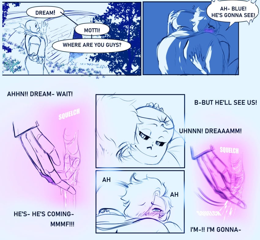 2d blush comic dialogue dream_sans_(fan_character) dreamtale dripping female fingering humanoid inside_view mothiepixie motti(mothiepixie) sans sans_au skeleton tagme teasing under_bridge underswap underswap_sans undertale_(series) undertale_au