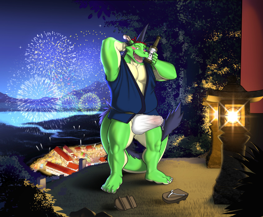 anthro asian_clothing blush bulge clothed clothing dragon east_asian_clothing erection erection_under_clothing fireworks fundoshi hi_res japanese_clothing male morenatsu mythological_creature mythological_scalie mythology outside scalie seyrmo tatsuki_(morenatsu) underwear