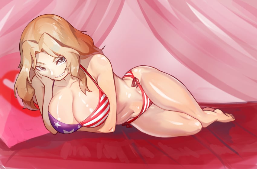 1girls american_flag american_flag_bikini bare_shoulders barefoot bed bed_sheet bikini blonde_hair blue_eyes breasts cleavage closed_mouth collarbone covered_nipples female flag_print ghgnvm girls_und_panzer highres kay_(girls_und_panzer) large_breasts laying_on_bed legs long_hair looking_at_viewer lying navel on_bed on_side open_mouth red_bikini shiny_skin smile solo striped_bikini striped_clothes swimsuit thighs yes yes-no_pillow