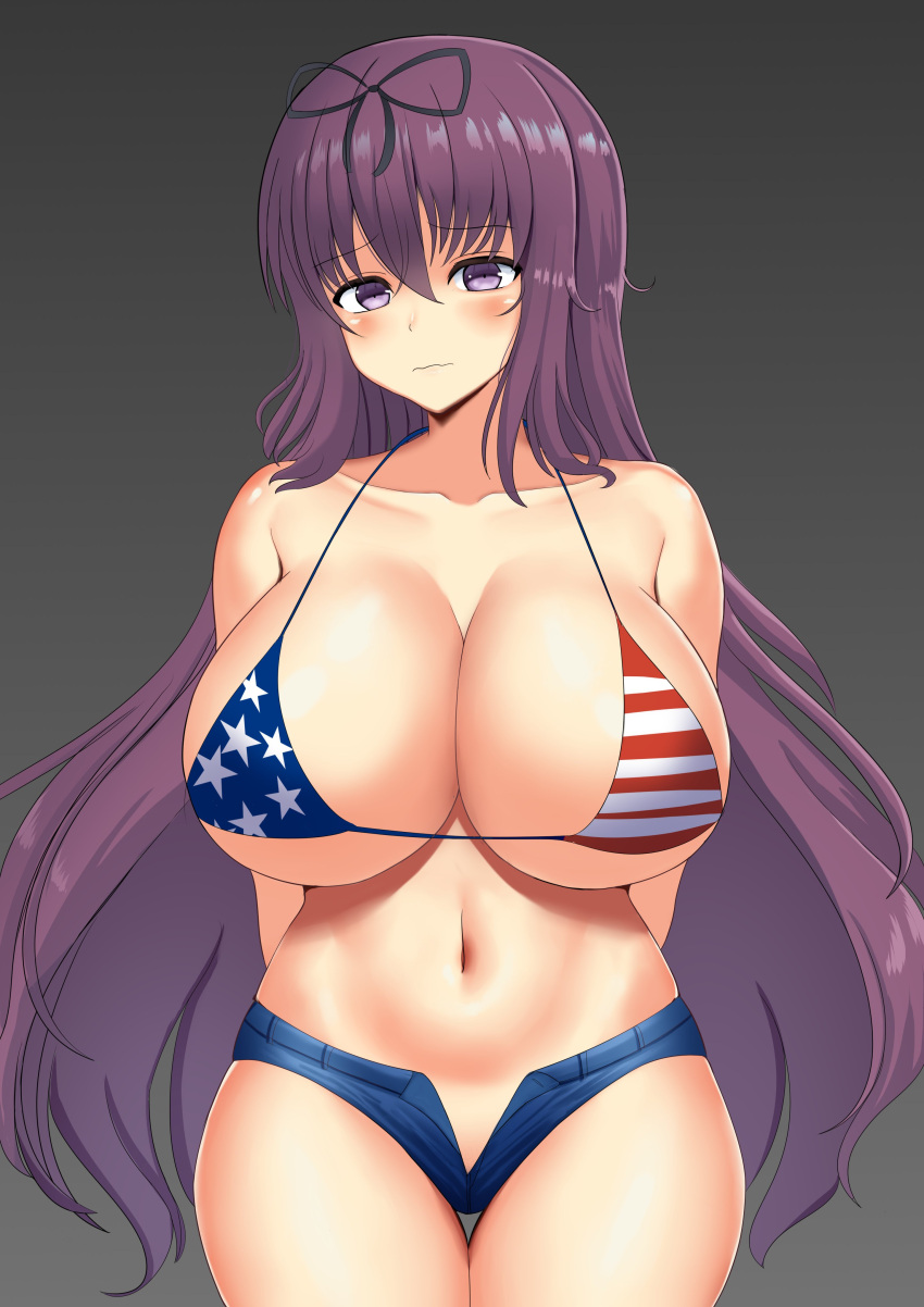 1girls 4th_of_july absurdres alternate_costume american_flag_bikini arms_behind_back bikini blush breasts cleavage denim denim_shorts female flag_print fourth_of_july grey_background highres huge_breasts long_hair murasaki_(senran_kagura) navel ninimu-home no_shirt open_fly purple_eyes purple_hair senran_kagura shorts solo swimsuit tan tanlines undersized_clothes usa_bikini very_long_hair wavy_mouth