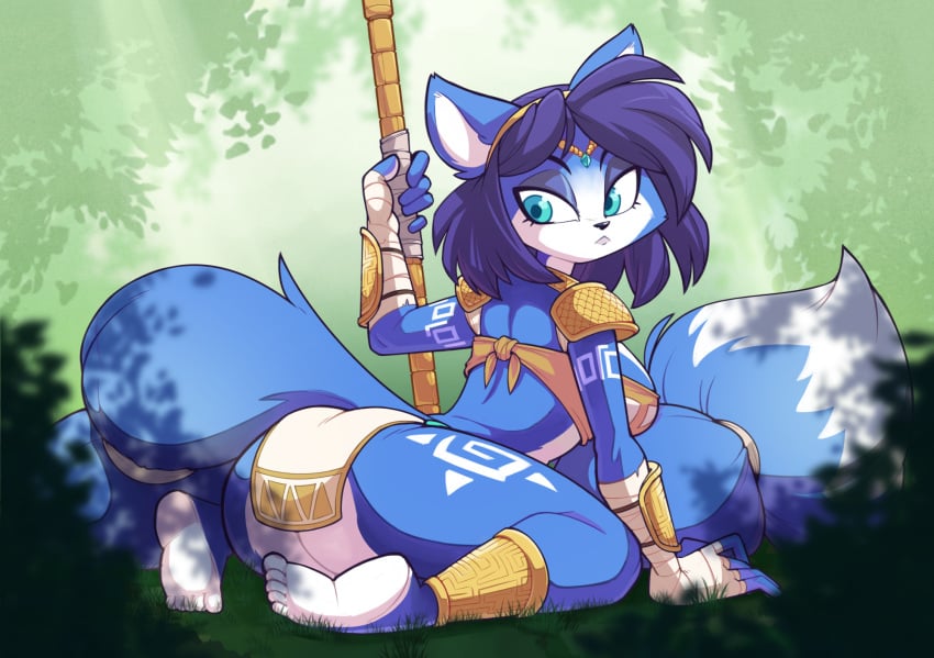 1girls 2024 anthro ass back_view barefoot blue_eyes blue_fur blue_hair breasts byuni female female_only forest fox fur furry krystal loincloth nintendo pyanny-yan short_hair solo solo_female staff star_fox star_fox_adventures tagme tail white_fur