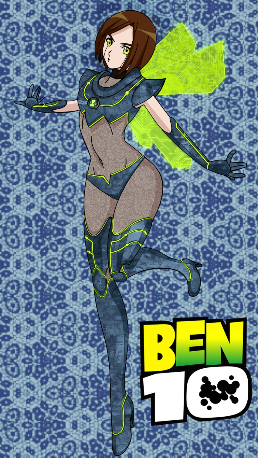 armor ben_10 ben_tennyson black_lipstick bob_cut female female_ben gender_transformation green_eyes maudxie microchip_(ben_10) mtf_transformation nanomech omnitrix rule_63 short_hair transformation wings