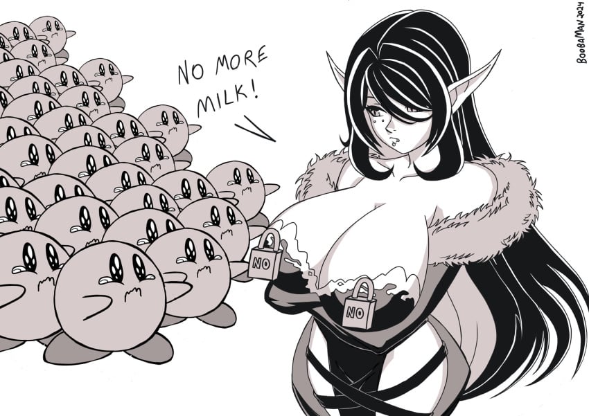 big_breasts black_hair boobaman breasts cleavage elara_(vtuber) english_text huge_breasts kirby kirby_(series) lfxtudio lock monochrome text tits virtual_youtuber