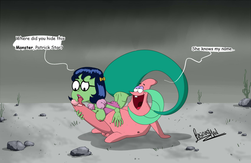 1girls big_penis blowjob breasts businessman_(artist) fellatio fish glasses green_skin huge_cock licking_penis mermaid mermaid_tail patrick_star princess_mindy smooth_skin spongebob_squarepants starfish