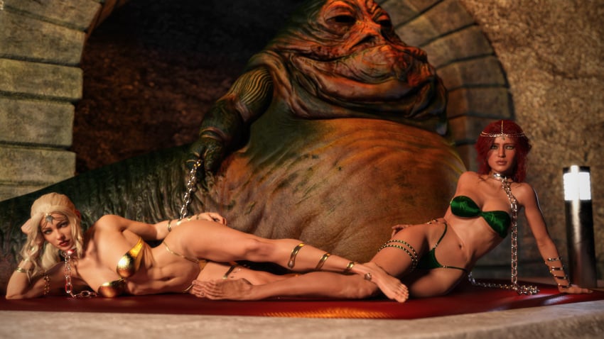 1boy 2girls 3d belly_dancer belly_dancer_outfit blonde_hair chain_leash chained cleavage crossover femsub harem harem_girl harem_outfit hutt jabba's_palace jabba_the_hutt janus3003 large_breasts lying_on_side mortal_kombat mortal_kombat_1_(2023) multiple_subs red_hair slave slave_collar slave_outfit slavegirl sonya_blade star_wars submissive_female the_witcher_(series) thong triss_merigold