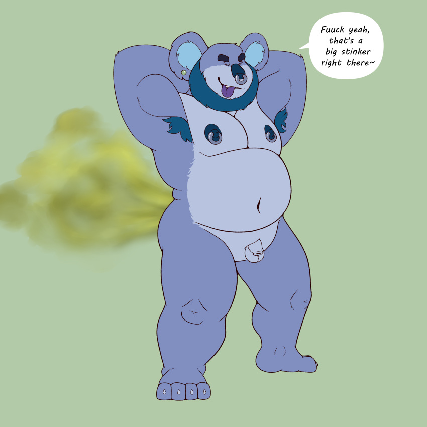 absurd_res anthro facial_piercing fart fart_cloud fart_fetish flaccid furry genitals hi_res koala looking_pleasured male mammal marsupial nipple_piercing nipple_ring nipples nose_piercing nose_ring overweight penis piercing ring_piercing scentedbunns small_penis solo speech_bubble vombatiform