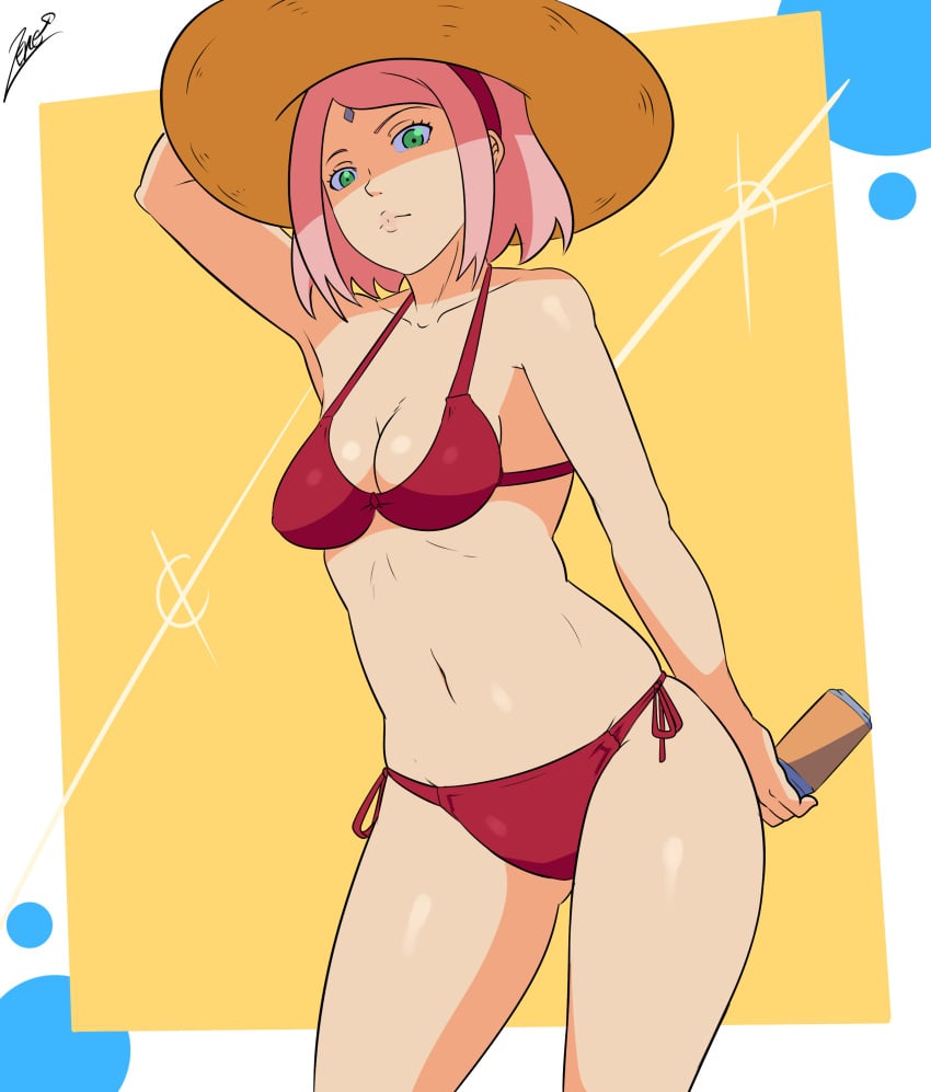 1girls arm_up bikini bikini_bottom bikini_top brown_hair can cleavage clothed_female drink female female_only forehead_jewel forehead_mark green_eyes hairband hand_on_headwear hat headwear holding_object light-skinned_male light_skin long_hair looking_at_viewer medium_breasts midriff naruto naruto:_the_last naruto_(series) naruto_shippuden parted_bangs pink_hair pinup red_bikini red_hairband sakura_haruno shiny_hair shiny_skin shoulder_length_hair shounen_jump skindentation solo solo_female solo_focus straw_hat swimsuit underwear zeromomentai