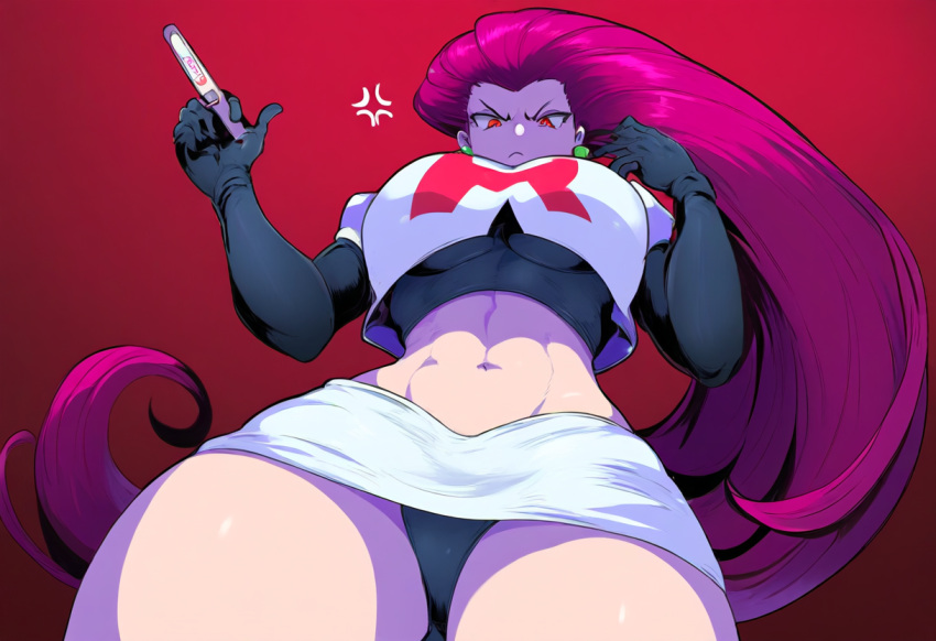 ai_generated angry female from_below implied_pregnancy jessie_(pokemon) large_breasts looking_at_viewer novelai panties pink_hair pokemon pregnancy_test red_eyes team_rocket thick_thighs