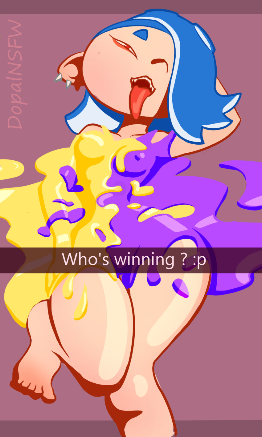 1girls blue_hair cephalopod cephalopod_humanoid covered_in_goo covered_in_ink dopalnsfw feet female female_only girl light-skinned_female octoling paint red_eyes shiver_(splatoon) shiver_hohojiro snapchat splatoon splatoon_(series) splatoon_3 tentacle tentacle_hair tentacles text thick_thighs tongue tongue_out