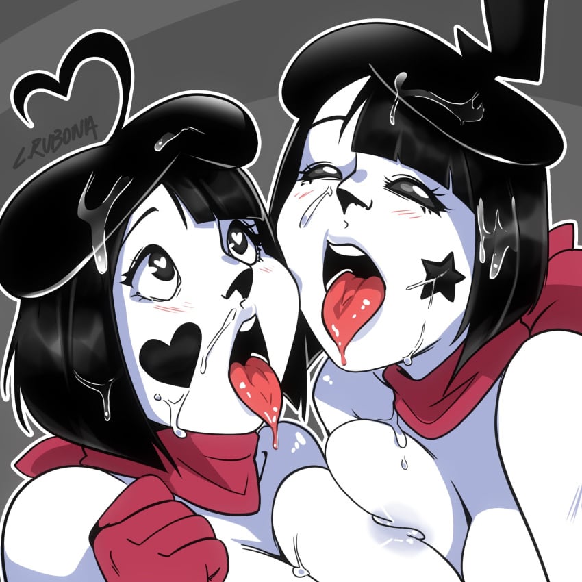 2girls bonbon_(derpixon) breast_press chuchu_(derpixon) covered_in_cum cum_on_face female female_only mime mime_and_dash mime_girl multiple_girls open_mouth symmetrical_docking tagme tongue_out