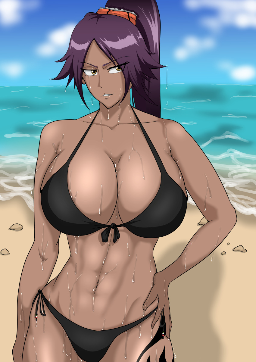 1girls abs bare_shoulders big_breasts bikini black_bikini bleach breasts brown_skin busty cleavage clothed clothed_female clothes clothing collarbone cropped_legs dark-skinned_female dark_skin female female_only fit fit_female front-tie_bikini fully_clothed huge_breasts leg_tattoo long_hair midriff ocean outdoors parted_hair pinup ponytail purple_hair sand shihouin_yoruichi shiny shiny_hair shiny_skin side-tie_bikini soaked solo solo_focus standing swimsuit tattoo uncensored walking water wet wet_body wet_skin wide_hips yellow_eyes