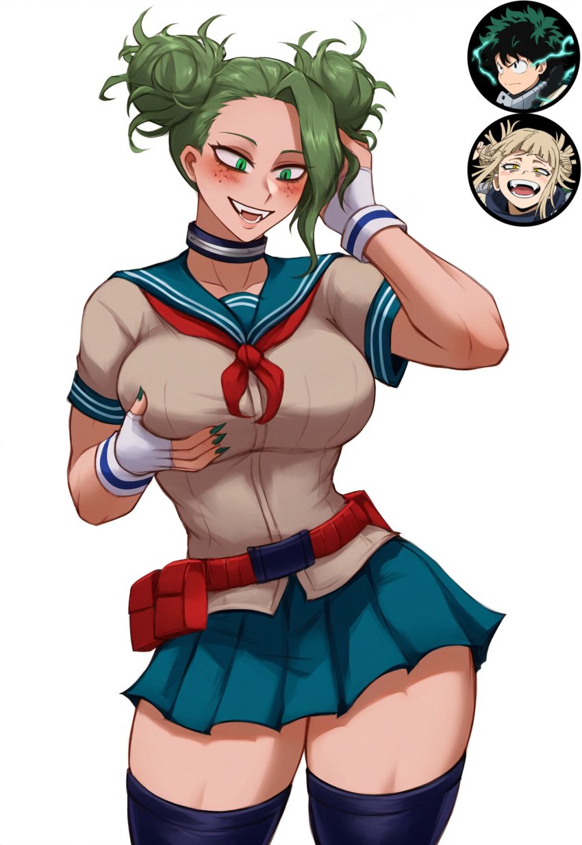 ai_generated bags_under_eyes big_breasts blush crazy_eyes double_bun fangs fingerless_gloves freckles freckles_on_face fusion fusion_character genderswap_(mtf) gloves green_eyes green_hair green_nails groping gyaru hand_on_head himiko_toga izuku_midoriya krystalizedart large_breasts long_bangs long_nails manicure messy_hair my_hero_academia narrow_waist rule_63 school_uniform slit_pupils solo solo_female thick_thighs