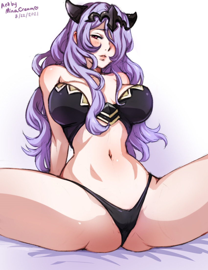 1girls arm_support arms_behind_back artist_name bangs bare_legs bare_shoulders bare_thighs bed_sheet black_bra black_panties blush bra breasts camilla_(fire_emblem) cleavage collarbone dated female female_only fire_emblem fire_emblem_fates gold_trim hair_ornament hair_over_one_eye horns large_breasts legs_apart legs_spread long_hair long_purple_hair looking_at_viewer minacream navel nintendo panties purple_eyes purple_hair red_eyes simple_background solo source_request spread_legs stomach thighs thong tiara underwear wavy_hair white_background