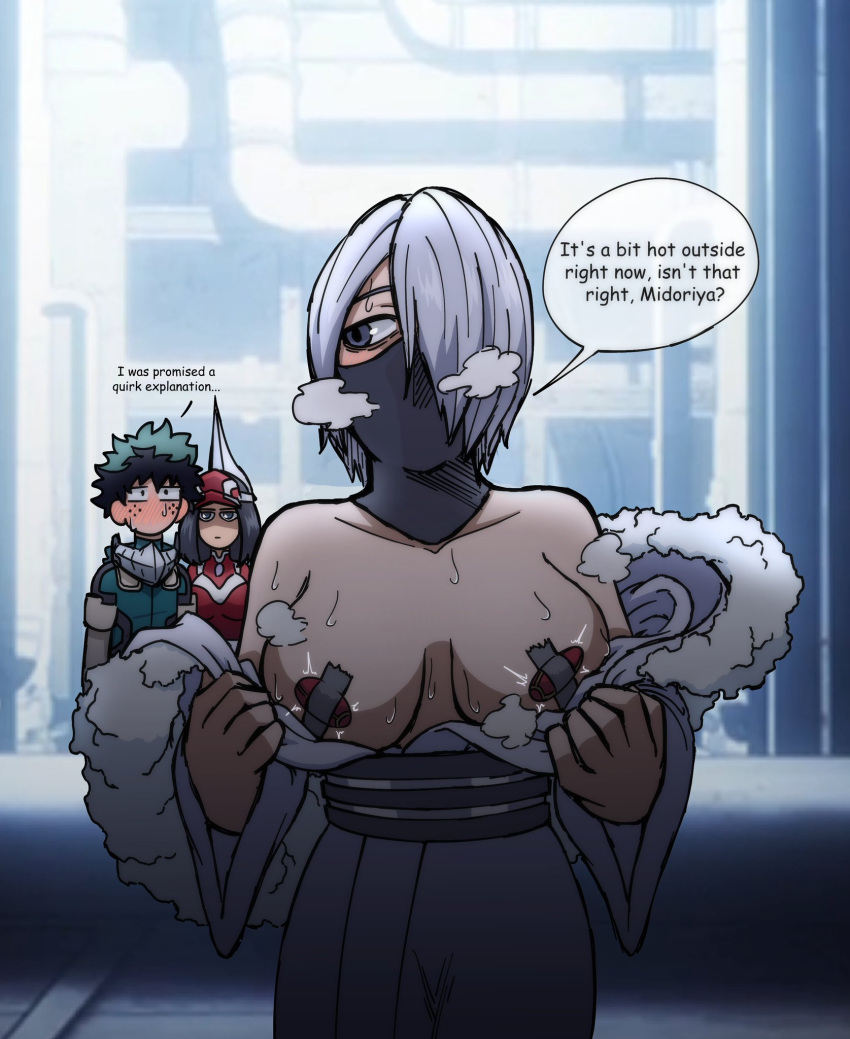 1boy 2girls black_hair blush female green_hair hero_outfit_(mha) heroine imminent_sex intrusivefilter izuku_midoriya kodai_yui male my_hero_academia nipple_tape reiko_yanagi tape_on_nipples white_hair yanagi_reiko yui_kodai