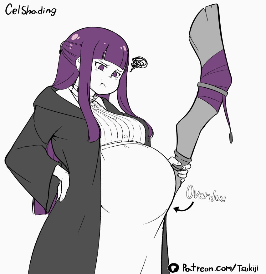 1girls back_pain big_belly big_breasts clothed clothing female female_only fern_(sousou_no_frieren) long_hair overdue pouting pregnant purple_eyes purple_hair sousou_no_frieren staff tsukiji