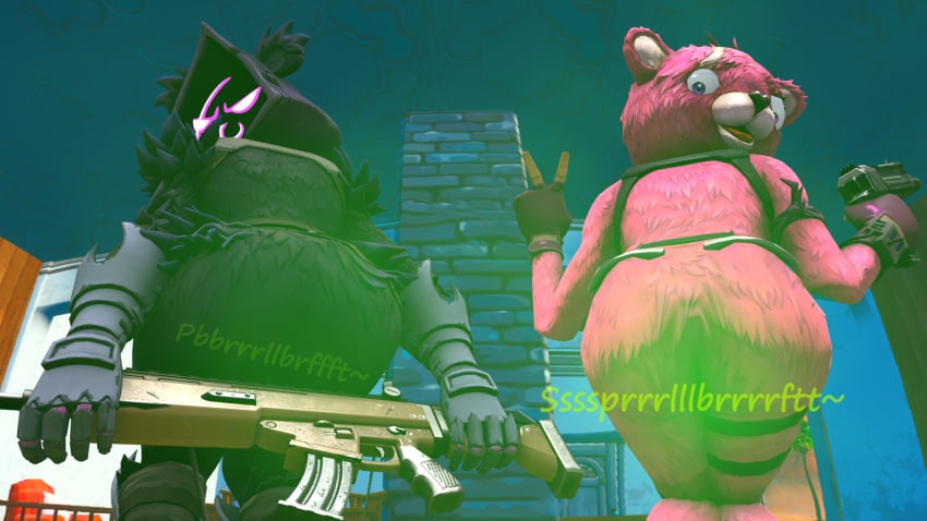 2girls ass cuddle_team_leader fart fart_cloud fart_fetish farting female female_only fortnite fortnite:_battle_royale looking_at_viewer looking_back multiple_girls presenting_hindquarters przemek11 raven_team_leader weapon