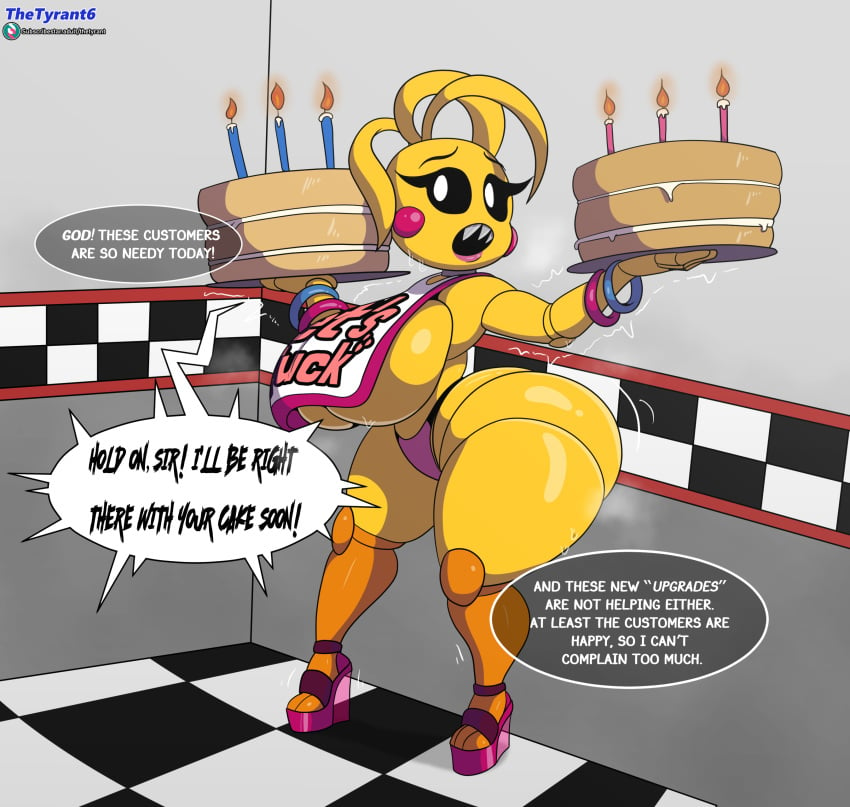 1girls ass big_ass big_breasts birthday_cake black_sclera breasts cake dialogue female female_only five_nights_at_freddy's five_nights_at_freddy's_2 high_heels huge_thighs pink_cheeks robot robot_girl solo solo_female tagme text thetyrant thighs toy_chica_(fnaf) yellow_body