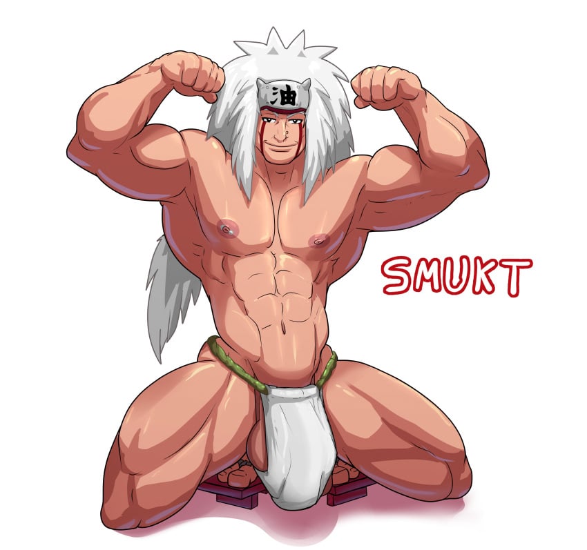 1boy balls bara big_bulge bulge bulge_through_clothing daddy flaccid flexing_bicep fundoshi gay huge_bulge jiraiya looking_at_viewer male male_focus male_nipples male_only mature_male muscular_male naruto naruto_(series) naruto_shippuden nipples penis penis_outline smukt solo solo_male underwear yaoi