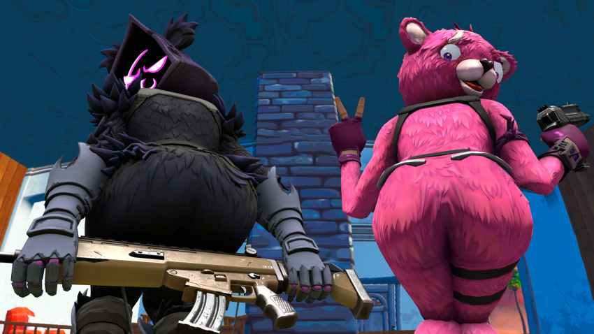 2girls ass cuddle_team_leader female female_only fortnite fortnite:_battle_royale looking_at_viewer looking_back multiple_girls presenting_hindquarters przemek11 raven_team_leader weapon