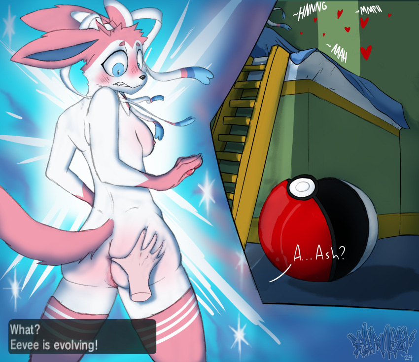 absurd_res anthro ass big_butt blush blush_lines body_blush butt_grab clothing duo eeveelution female flustered generation_6_pokemon hand_on_butt hi_res legwear male male/female mangodrawscsp nintendo nude pokeball pokemon pokemon_(species) pussy_blush sylveon thigh_highs