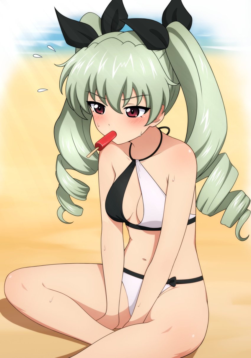 1girls anchovy beach bikini blush day female female_focus female_only girls_und_panzer highres ice_cream light-skinned_female light_skin long_hair ocean red_eyes sitting small_breasts summer swimsuit twintails yisusjpl