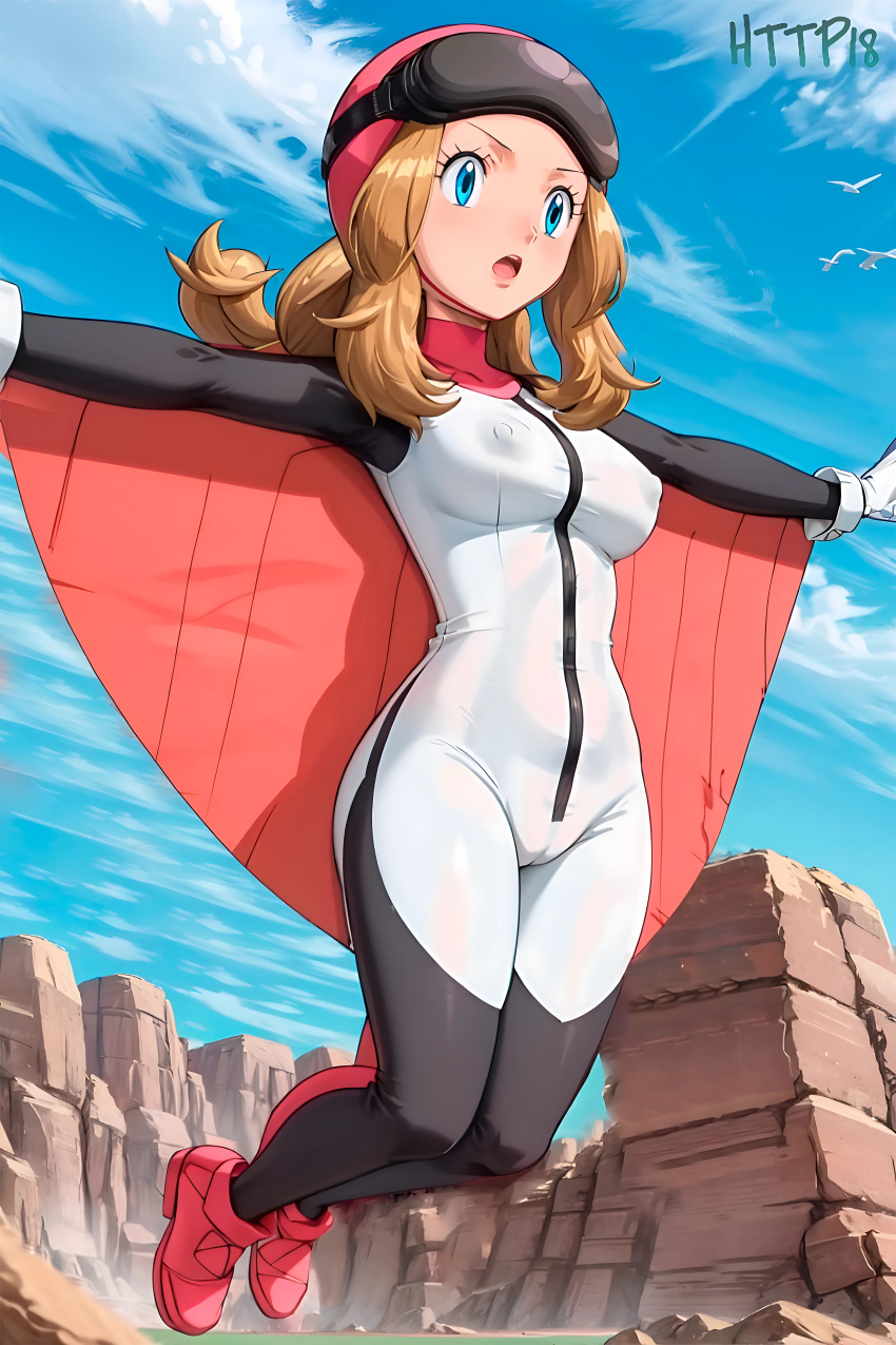 1girl 1girls ai_generated blonde_hair blue_eyes blue_sky bodysuit breasts brown_hair cameltoe cape cliff cloud covered_nipples day full_body gloves goggles helmet hi_res long_hair medium_breasts open_mouth outdoors outstretched_arms pink_footwear pokemon pokemon_(anime) pokemon_xy red_footwear serena_(pokemon) sky sky_trainer_(pokemon) solo spread_arms teeth tongue upper_teeth_only watermark white_gloves wingsuit