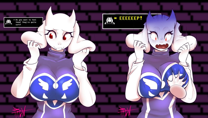 1girls 2d anthro big_breasts boss_monster breasts dress english_text female female_only furry furry_only groping_breasts horns huge_breasts humanoid large_breasts long_ears phrenpai shocked talking text toriel undertale undertale_(series)