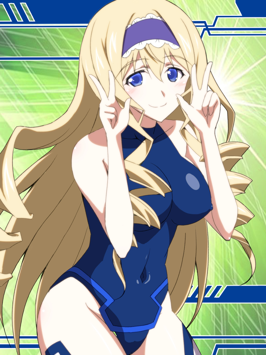 1girls big_breasts blonde_hair blue_eyes blue_hairband blue_leotard breasts busty cecilia_alcott covered_navel covered_nipples cowboy_shot double_v drill_hair erect_nipples_under_clothes female female_only green_background hairband highres index_fingers_raised infinite_stratos kuroda_ariake large_breasts legs leotard long_hair looking_at_viewer pose posing smile solo thighs turtleneck v voluptuous