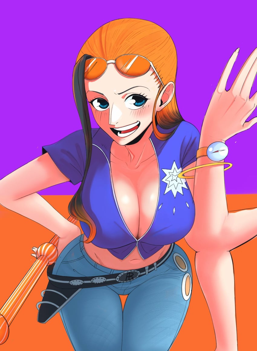 akuma_no_mi black_hair breasts coolb cosplay female female_only fusion fusion_character glasses glasses_on_head hana_hana_no_mi jeans large_breasts long_hair mature_female nami nami_(one_piece) nami_(one_piece)_(cosplay) namico nico_robin nico_robin_(cosplay) nico_robin_(post-timeskip)_(cosplay) one_piece orange_hair post-timeskip