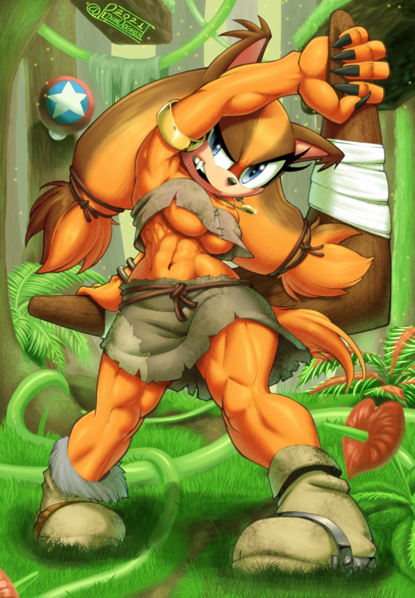 1girls abs anthro boomerang breasts cleavage clothed clothing female fur furry hi_res medium_breasts midriff muscular muscular_female pinup shoooohhhh solo sonic_(series) standing sticks_the_badger sticks_the_jungle_badger sticks_the_tejon tail thick_thighs underboob underwear wide_hips