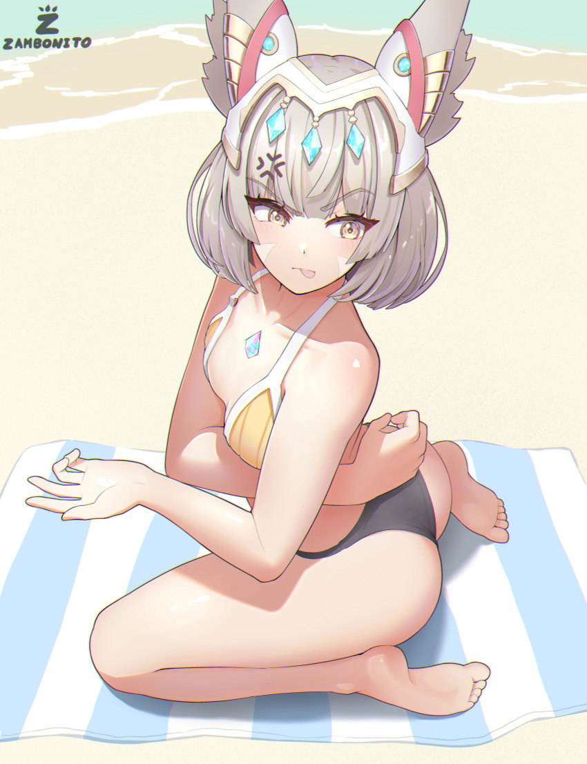 1girls absurdres anger_vein animal_ears annoyed ass bare_shoulders barefoot bikini bottom_heavy breasts cat_ears core_crystal crown facial_mark female frustrated green_eyes highres looking_at_viewer lotion milf nia_(xenoblade) on_knees seiza short_hair sitting small_breasts solo solo_female suntan_lotion swimsuit tongue tongue_out wariza xenoblade_(series) xenoblade_chronicles_2 xenoblade_chronicles_3 zambonito