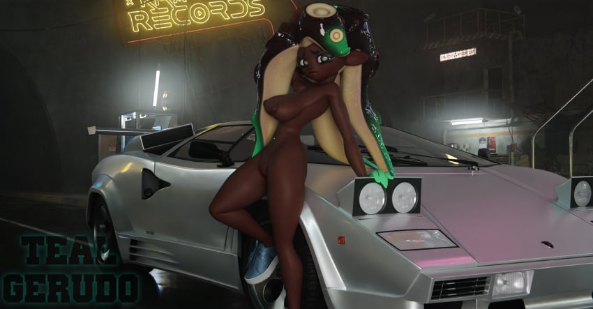 3d 3d_(artwork) areola areolae blender blender_(software) blender_cycles breasts car casual completely_naked completely_naked_female completely_nude completely_nude_female dark-skinned_female dark_skin female lamborghini long_hair looking_at_viewer marina_(splatoon) marina_(wo262) neon_lights nipples no_bra no_panties outdoors outside pinup splatoon splatoon_2 street tealgerudo tentacle watermark