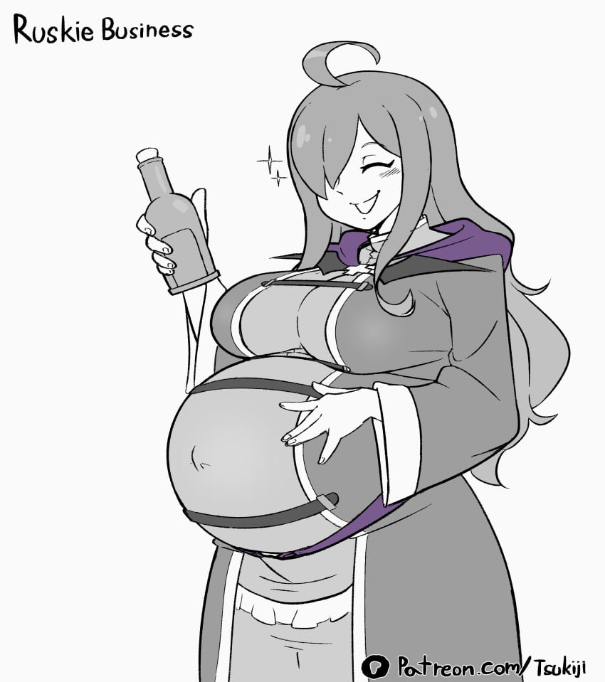 1girls big_belly big_breasts blush closed_eyes clothed clothing female female_only happy kono_subarashii_sekai_ni_shukufuku_wo! lich long_hair one_eye_covered one_eye_obstructed outie_navel potion pregnant tsukiji wholesome wiz_(konosuba)