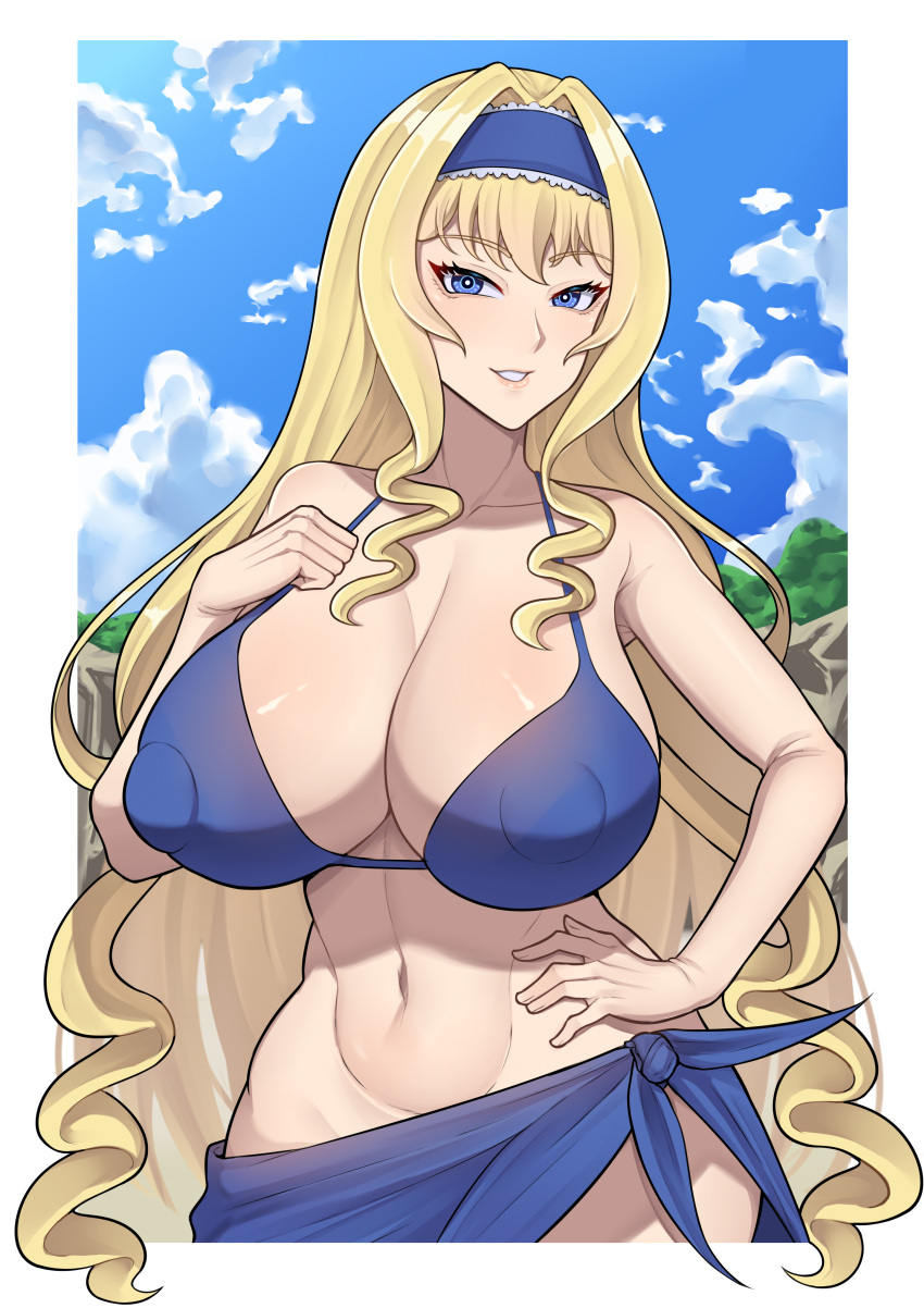 1girls band-width big_breasts bikini blonde_hair blue_eyes blue_headband blue_sarong blue_sky breasts busty cecilia_alcott cleavage cloud collarbone confident covered_nipples erect_nipples_under_clothes hair_intakes hand_on_hip headband highres infinite_stratos large_breasts linea_alba long_hair navel pose posing sarong seductive seductive_look seductive_smile sensual sky smile solo stomach swimsuit toned