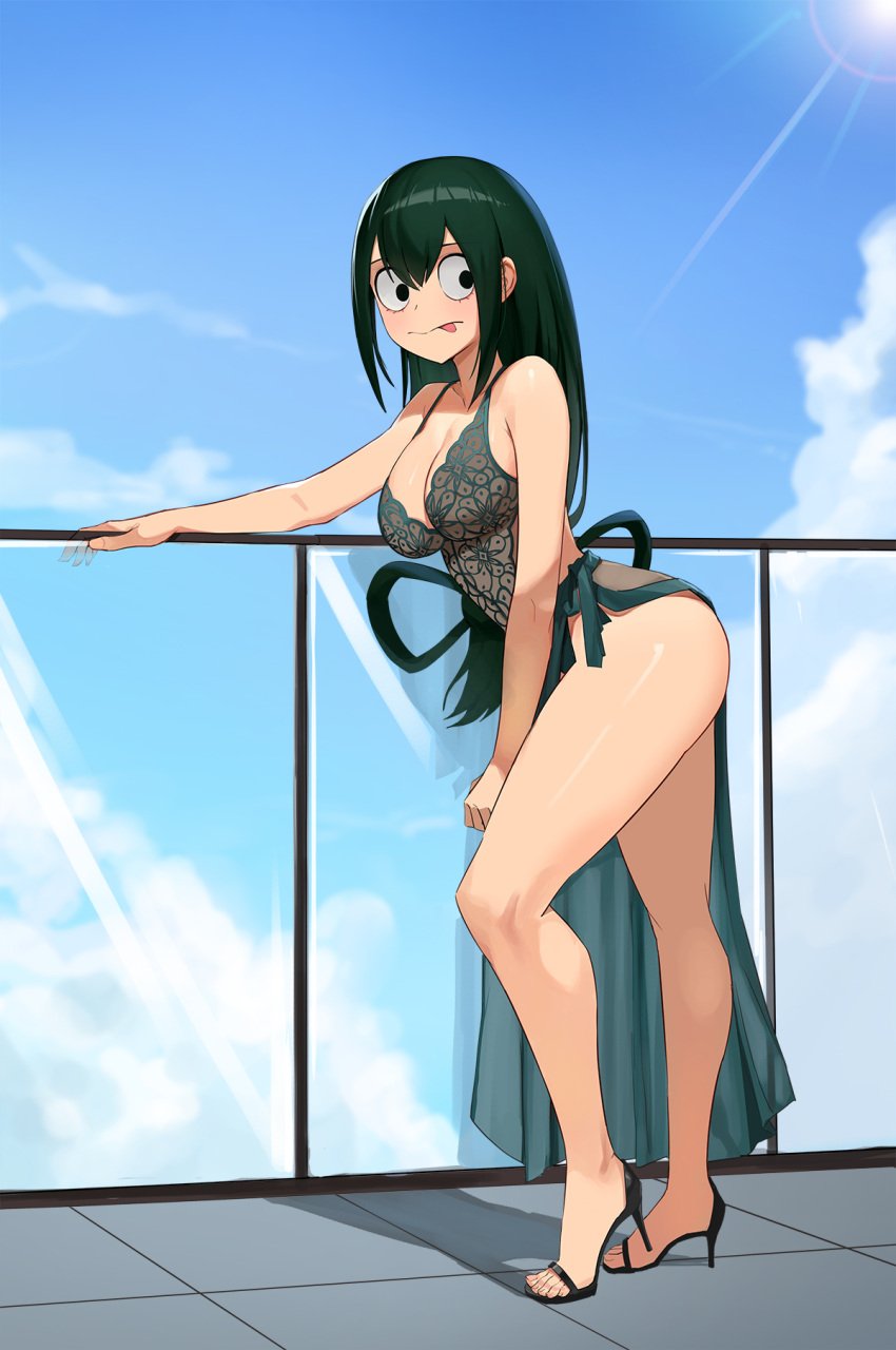 1girls :q ass black_heels breasts clothed female green_hair green_lingerie heels jason_kim lingerie my_hero_academia solo solo_female thighs tongue_out tsuyu_asui