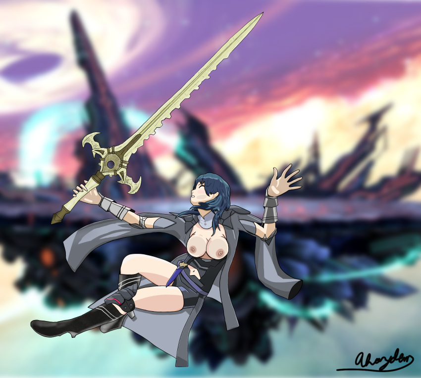 1girls absurdres against_glass ahoyden armor armored_dress bare_thighs black_boots blue_hair boots breasts breasts_against_glass breasts_on_glass breasts_out byleth_(fire_emblem) byleth_(fire_emblem)_(female) closed_eyes coat coat_on_shoulders embarrassed final_destination fire_emblem fire_emblem:_three_houses gameplay_mechanics glass heel_boots highres large_breasts medium_hair navel navel_cutout nintendo screen_ko_(super_smash_bros.) shorts solo super_smash_bros. super_smash_bros._ultimate sword sword_of_the_creator teal_hair thighs tummy weapon