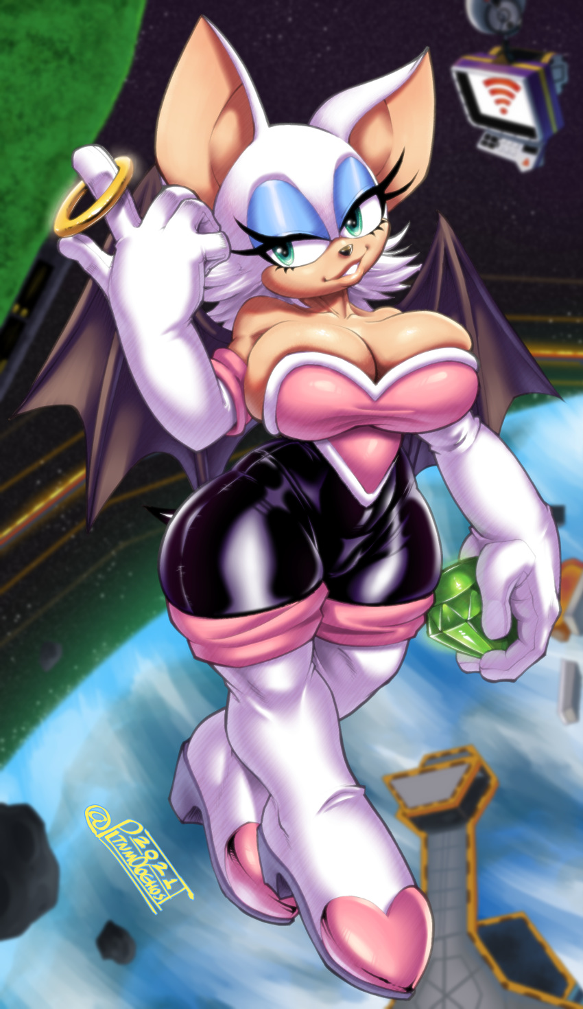 1girls bat_wings big_breasts breasts chaos_emerald cleavage female female_only fully_clothed fur furry furry_only hi_res hourglass_figure large_breasts rouge_the_bat shoooohhhh shortstack solo sonic_(series) tail thick_thighs thin_waist tight_clothing wide_hips