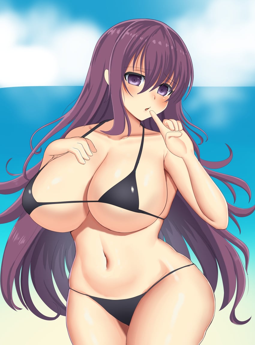 :o absurdres beach bikini black_bikini blue_sky breasts curvy day female finger_to_mouth hair_between_eyes hand_on_own_chest highres huge_breasts impossible_clothes impossible_swimsuit long_hair looking_at_viewer murasaki_(senran_kagura) navel ninimu-home open_mouth outdoors purple_eyes purple_hair senran_kagura sky solo summer swimsuit very_long_hair wavy_mouth wide_hips