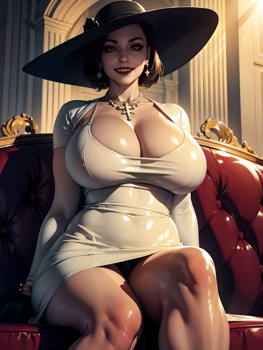 ai_generated alcina_dimitrescu big_breasts cleavage huge_breasts large_breasts mature_female milf nipple_bulge pale-skinned_female pale_skin resident_evil resident_evil_8:_village thick_thighs xrp7788